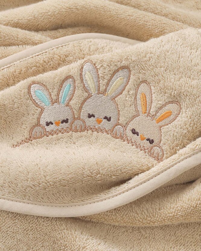 Badstof kinderbadhanddoek met capuchon - Konijntjes op beige
