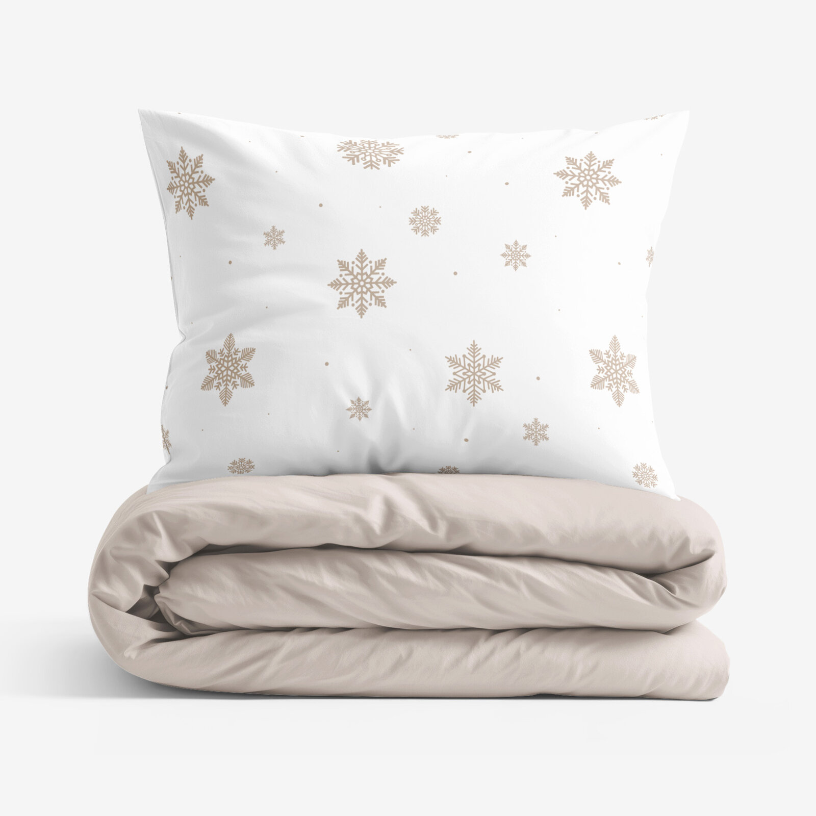 Katoenen beddengoed Duo - Sneeuwvlokken op wit met latte
