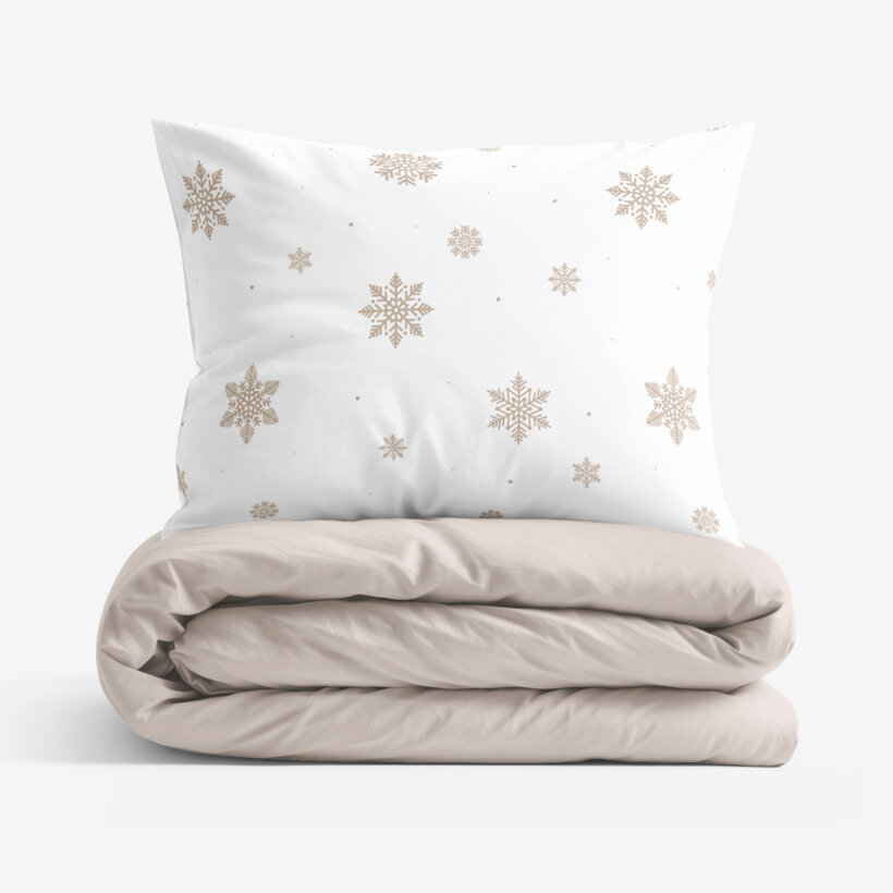 Katoenen beddengoed Duo - Sneeuwvlokken op wit met latte