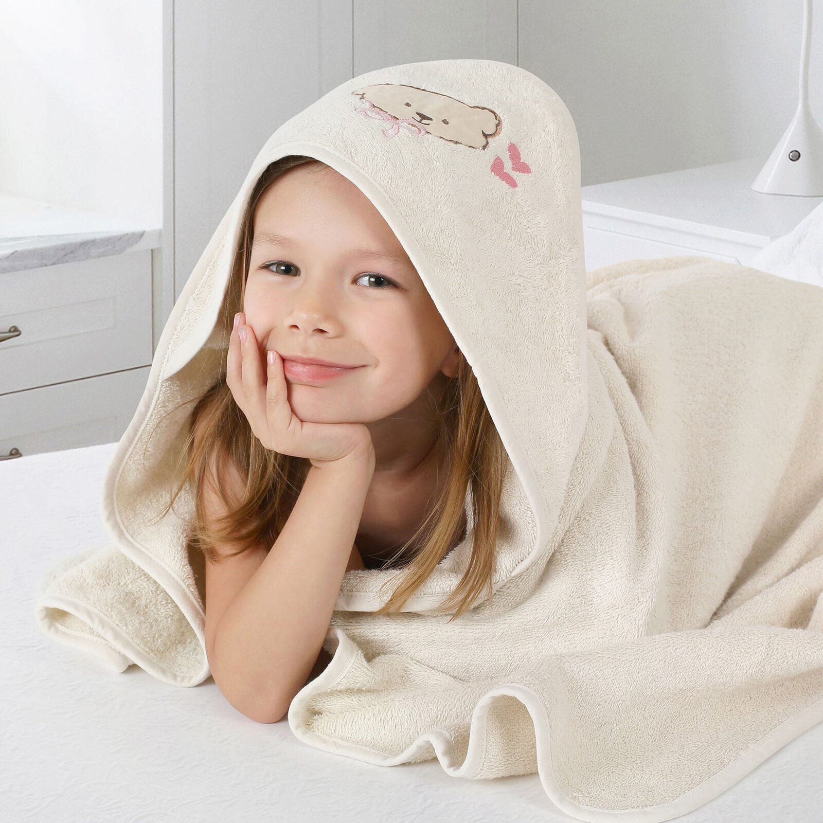 Baby badstof badhanddoek met capuchon - Beertje op beige