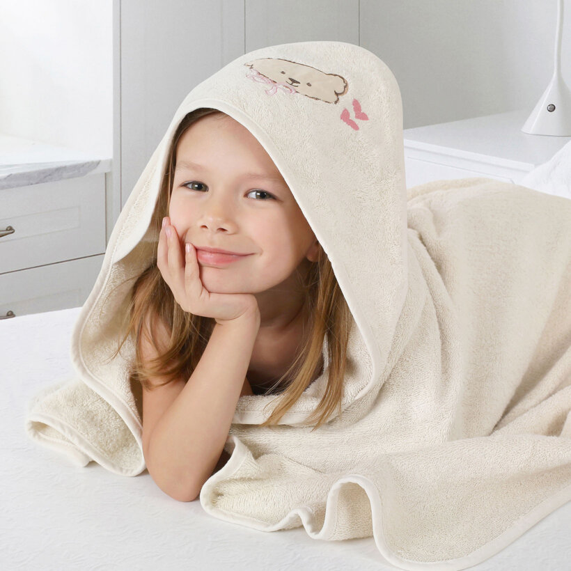 Baby badstof badhanddoek met capuchon - Beertje op beige