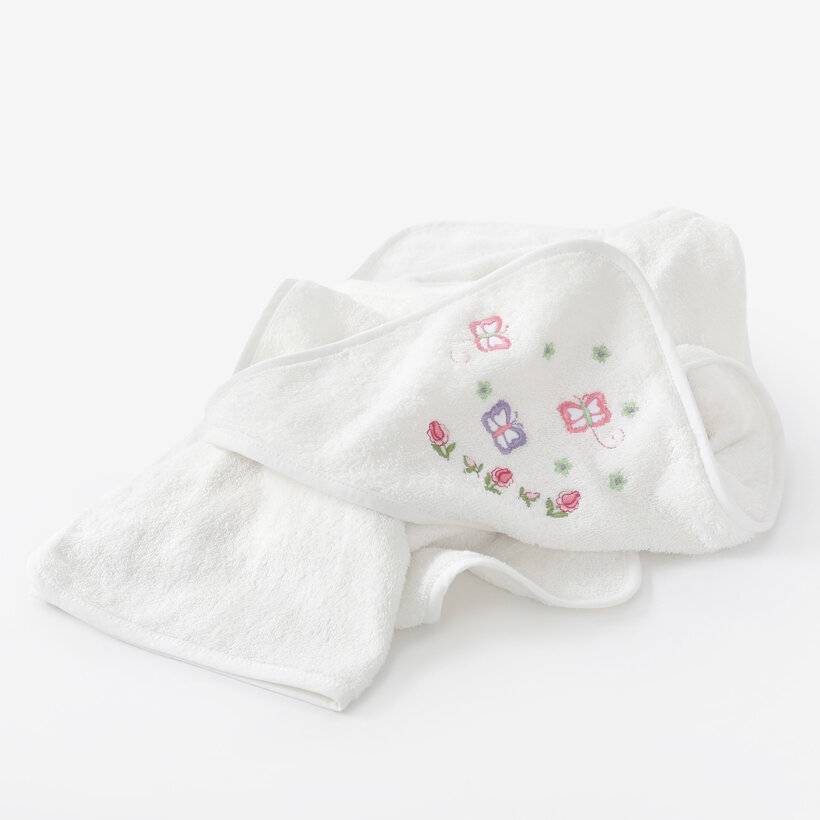Kinder badstof badhanddoek met capuchon - Vlinders op wit