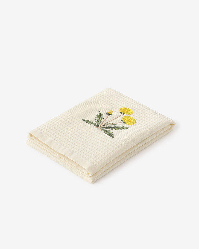 Keuken geborduurde theedoek wafeldoek - Paardenbloemen op crème