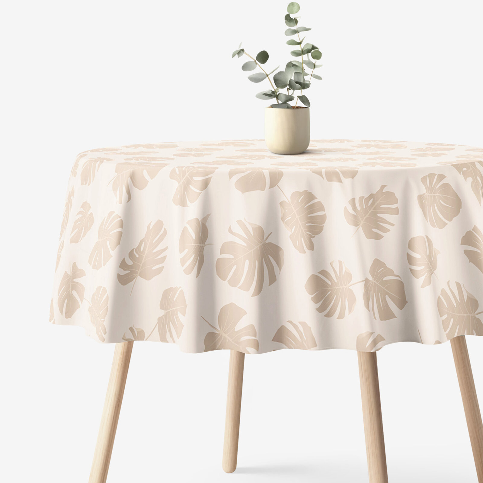Rond tafelkleed 100% katoen renforcé - Tropische bladeren op beige