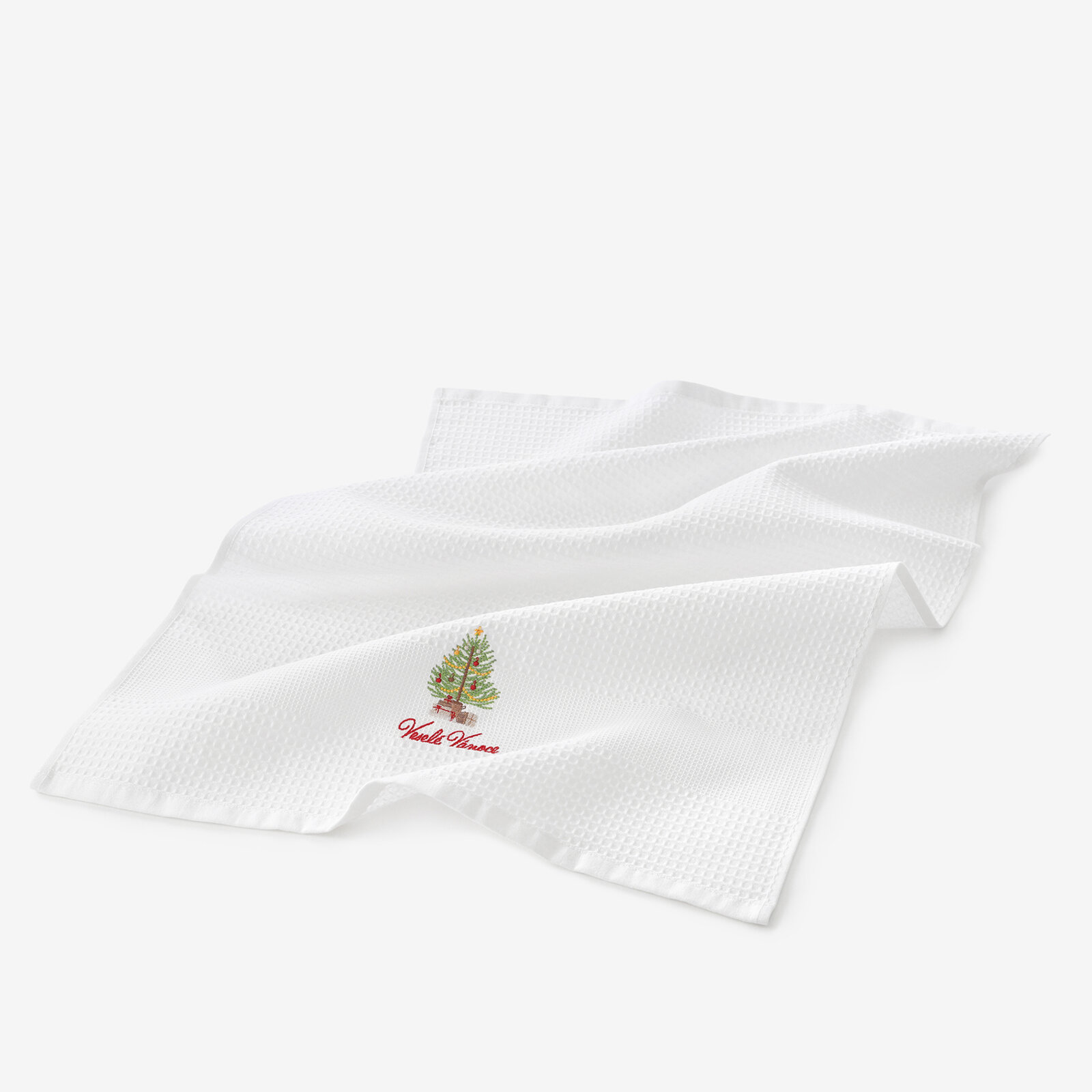 Kerst keuken wafeldoek geborduurde theedoek - Vrolijk kerstfeest op wit