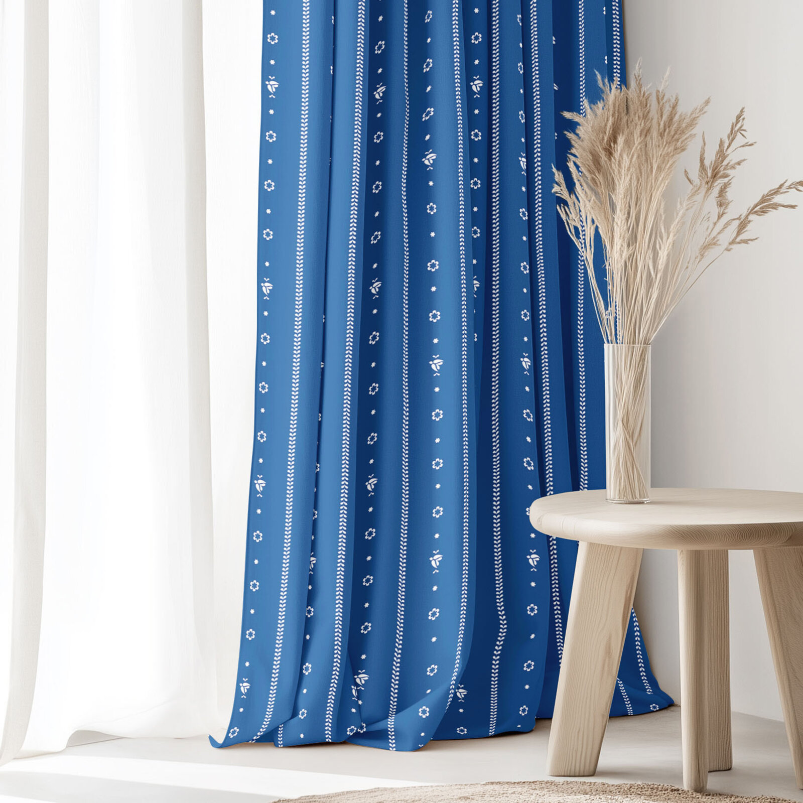 Katoenen gordijn - Na mú dušu op blauw