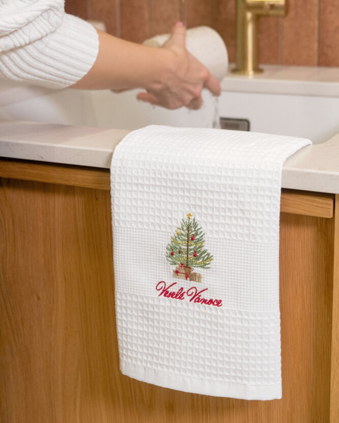 Kerst keuken wafeldoek geborduurde theedoek - Vrolijk kerstfeest op wit