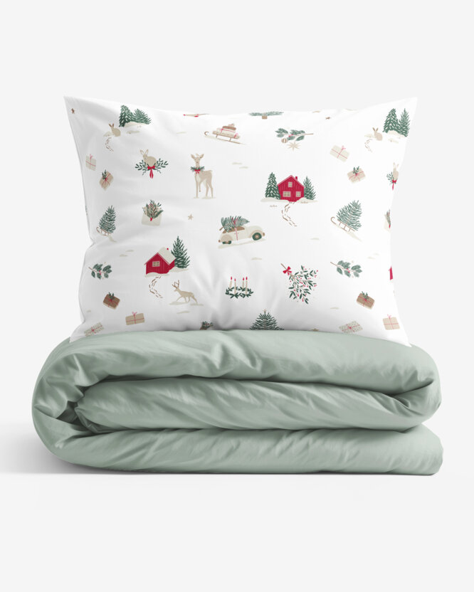 Kerst katoenen beddengoed Duo - Traditionele Kerst met saliegroen (buitenland)