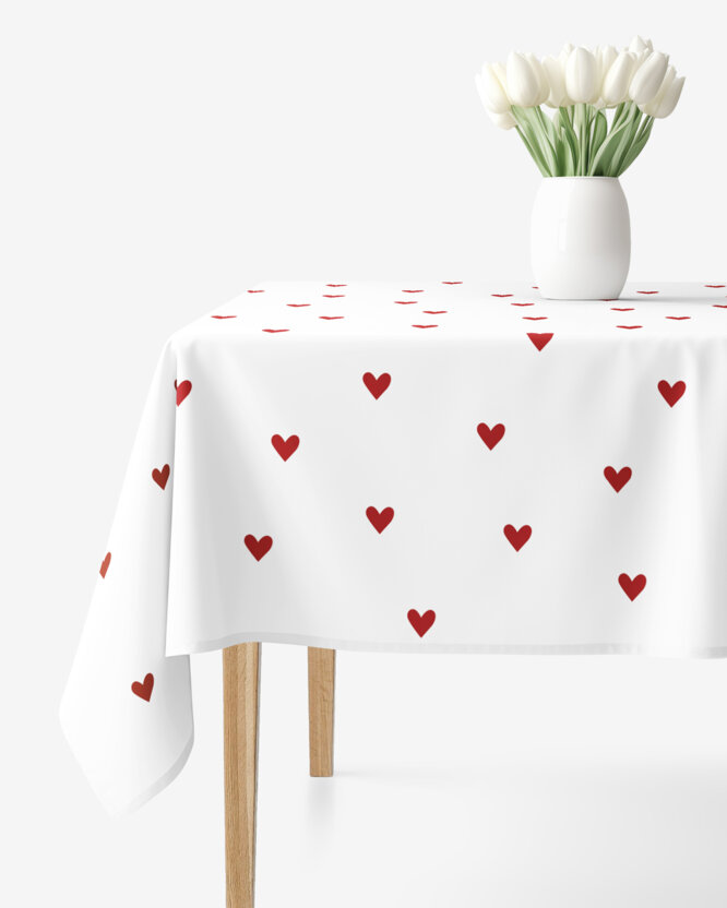 Hoekig tafelkleed 100% katoen renforcé - Rood hartjes op wit