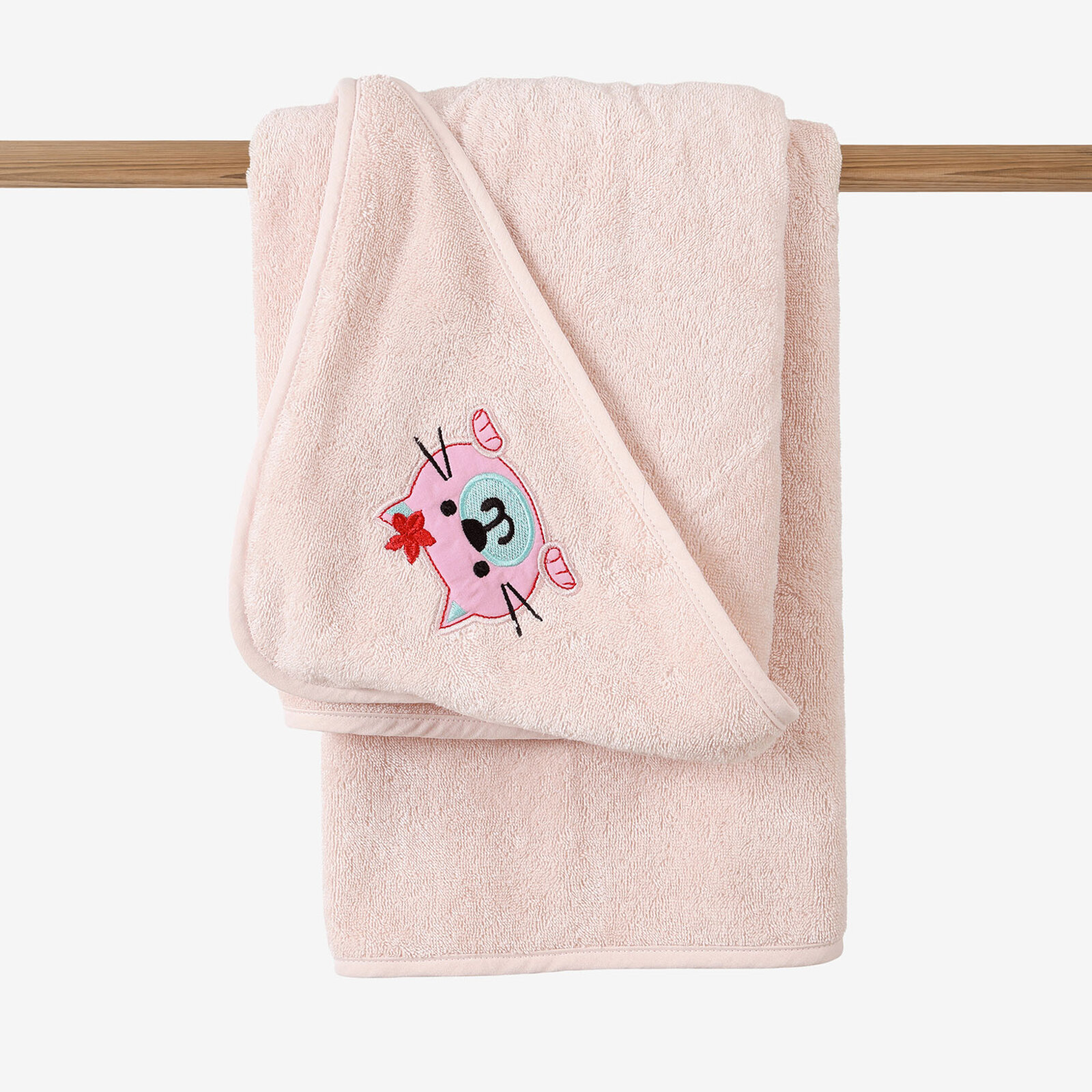 Baby badstof badhanddoek met capuchon - Poesje op lichtroze