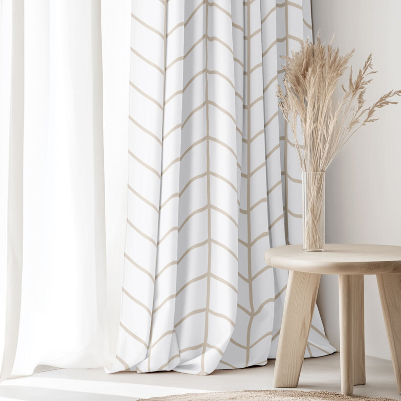 Katoenen gordijn - Beige zigzag op wit