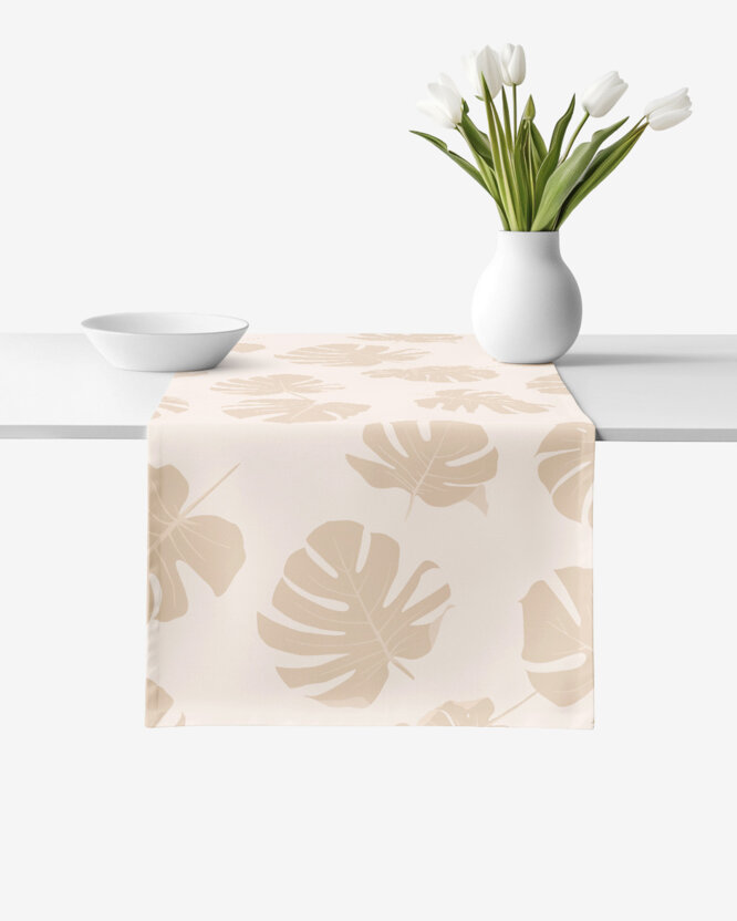Tafelloper 100% katoen renforcé - Tropische bladeren op beige