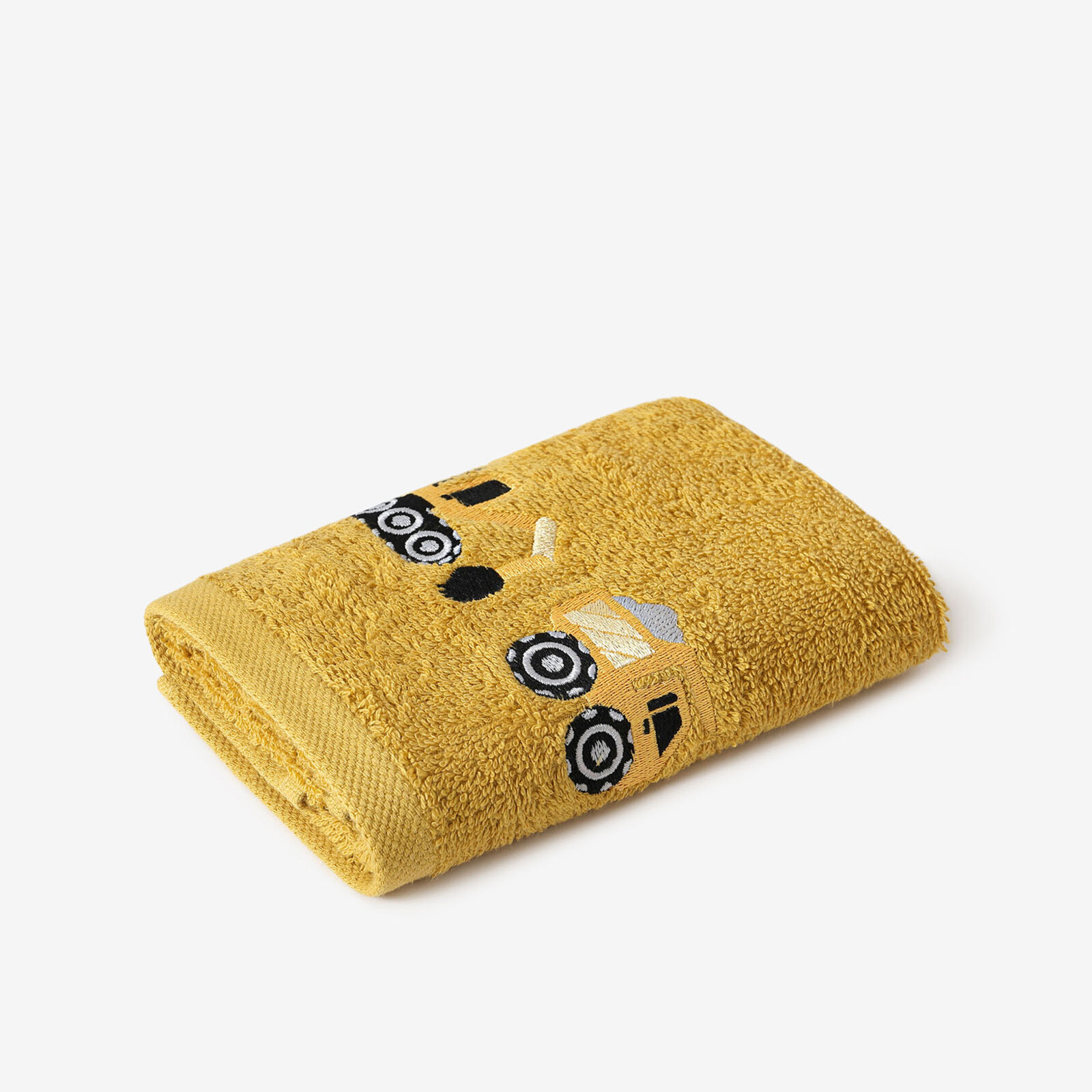 Kinder badstof handdoek - Graafmachine op mosterdgeel