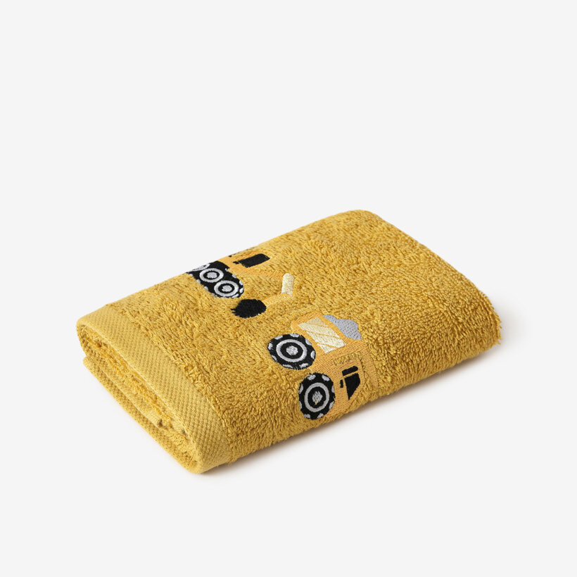 Kinder badstof handdoek - Graafmachine op mosterdgeel