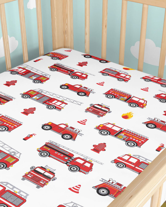 Katoenen hoeslaken voor een kinderbedje - Brandweerauto's