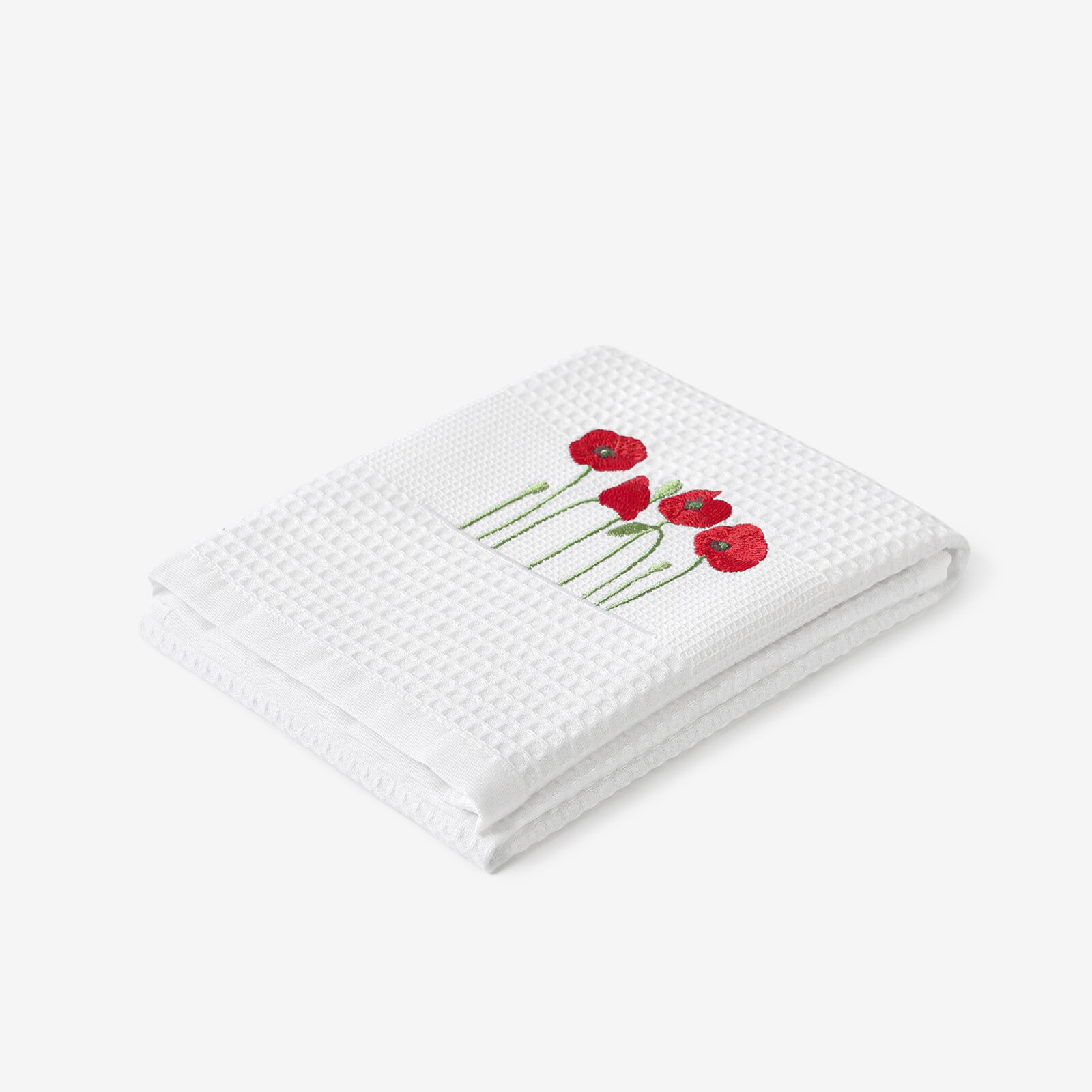 Geborduurde theedoek (wafeldoek) - Klaprozen op wit