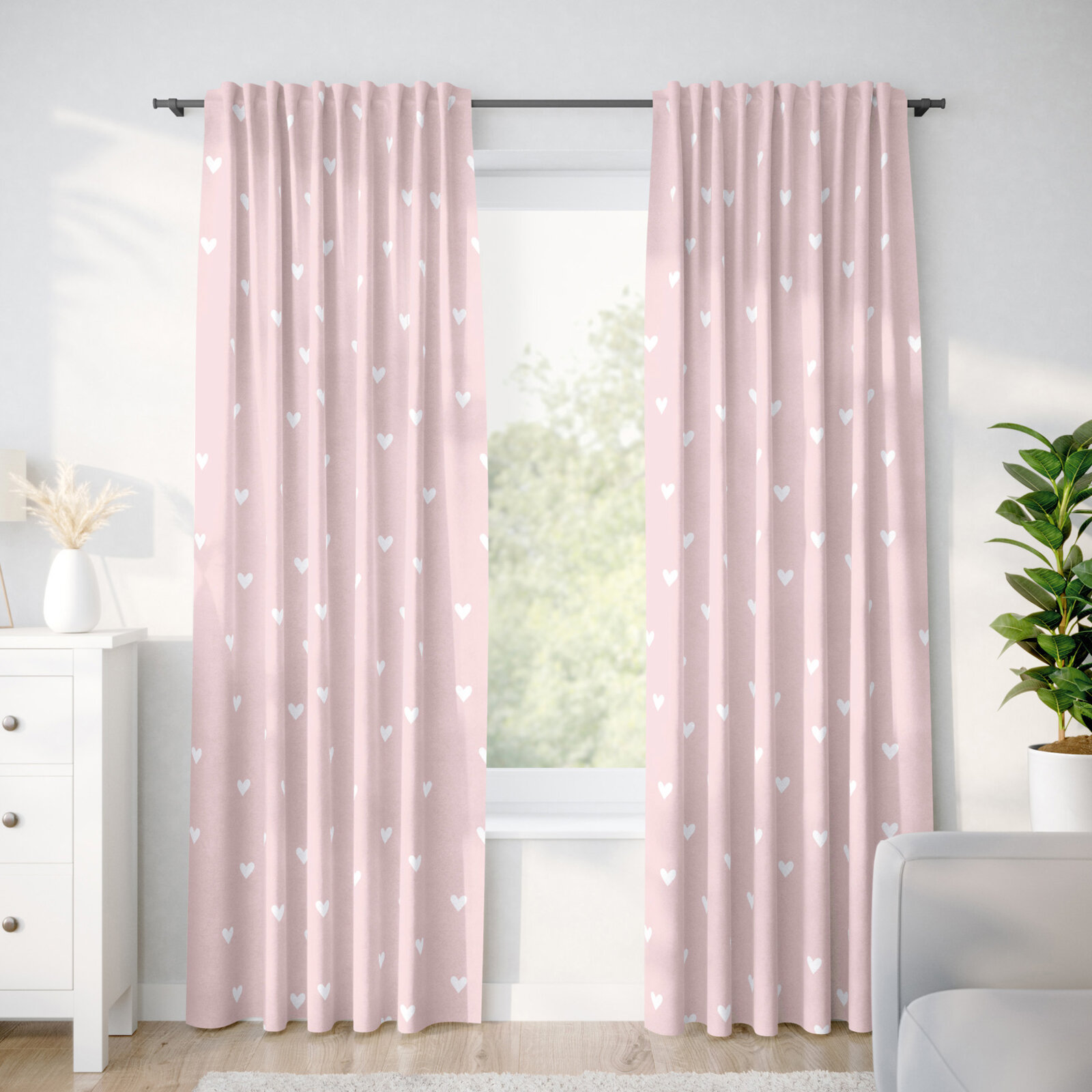 Katoenen gordijn - Hartjes op poederroze