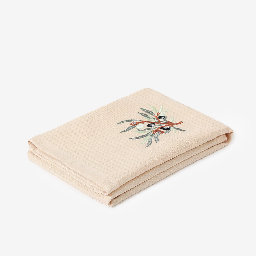 Geborduurde theedoek van wafeldoek - Olijven op beige