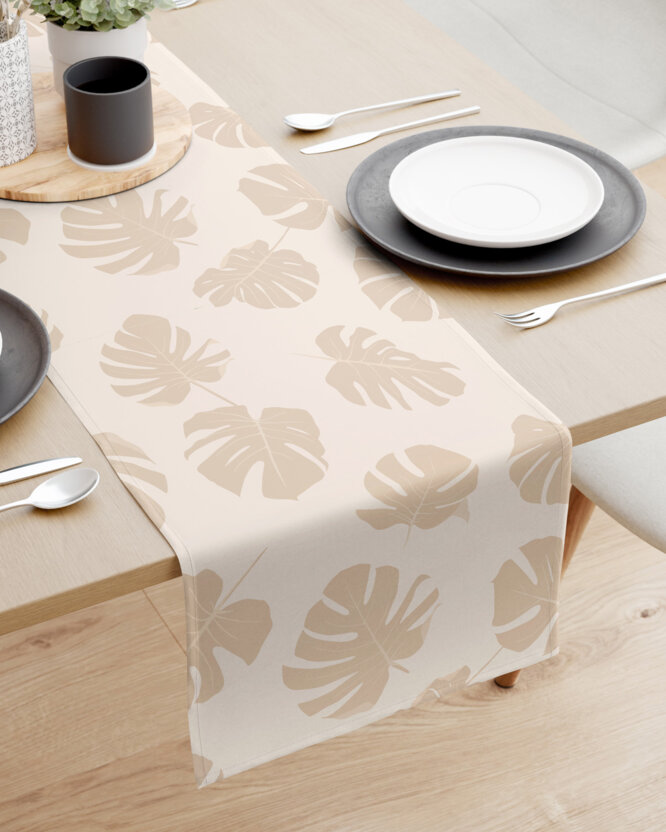 Tafelloper 100% katoen renforcé - Tropische bladeren op beige