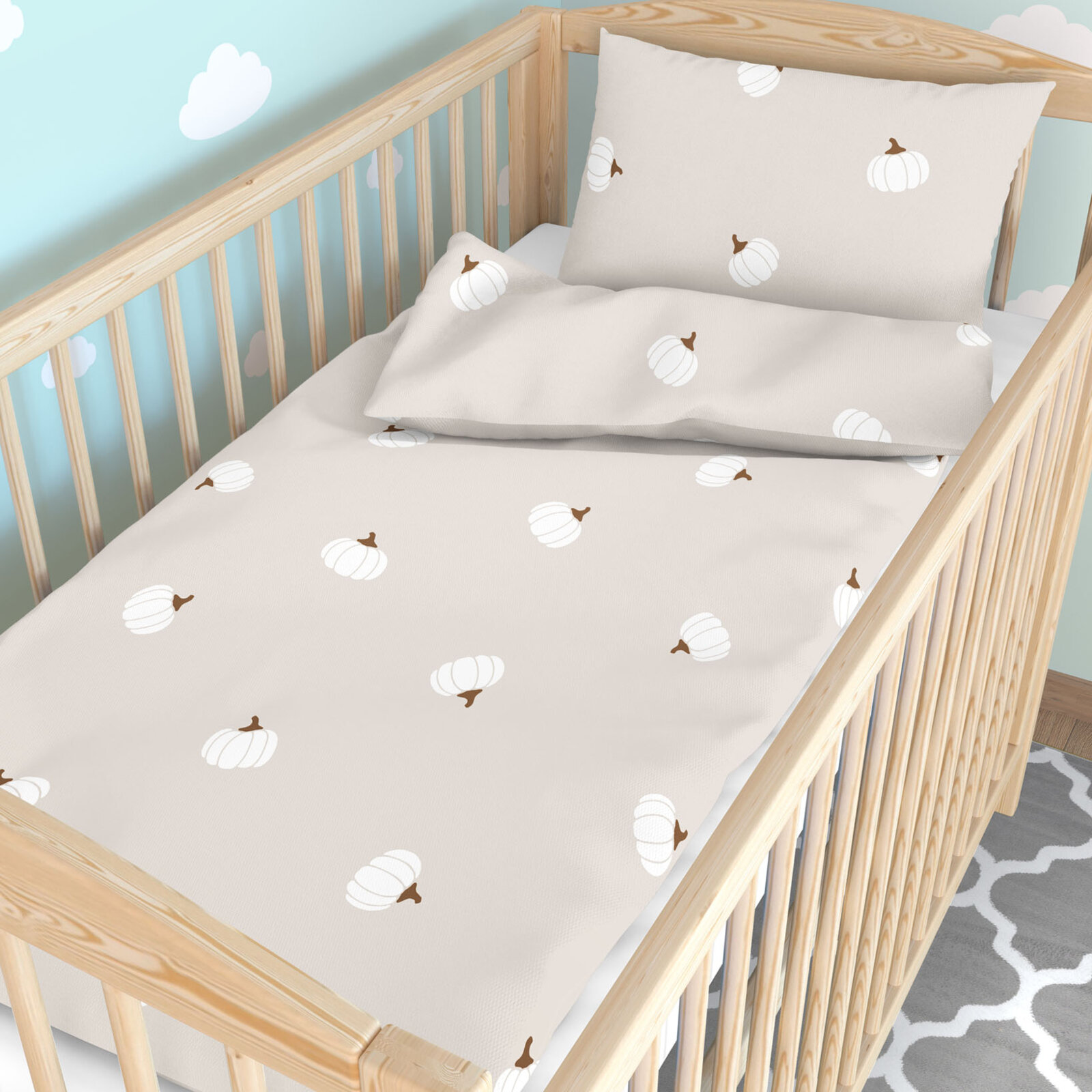Katoenen beddengoed voor babybedje - Pompoenen op crème