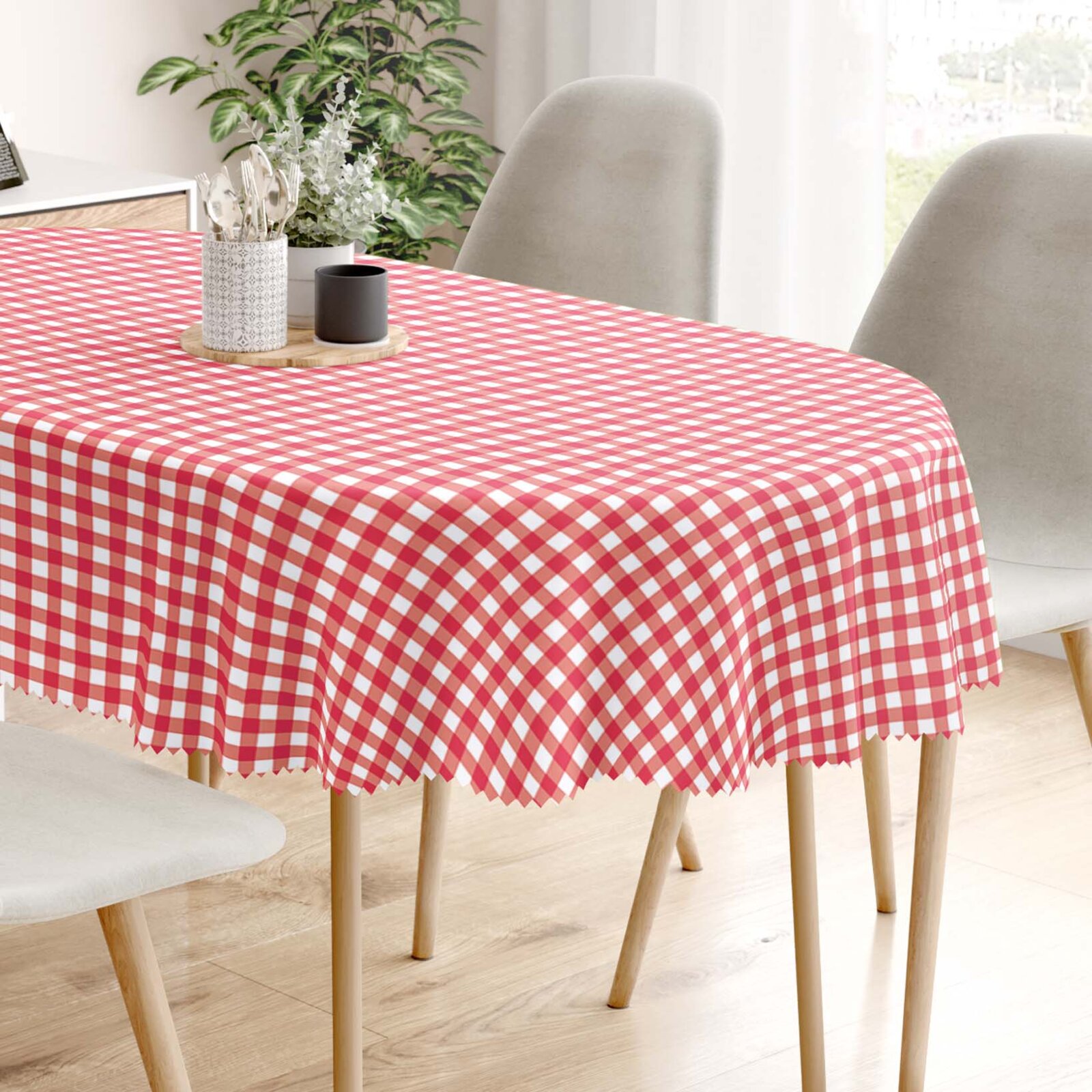 Ovaal teflon tafelkleed - Rode ruitjes