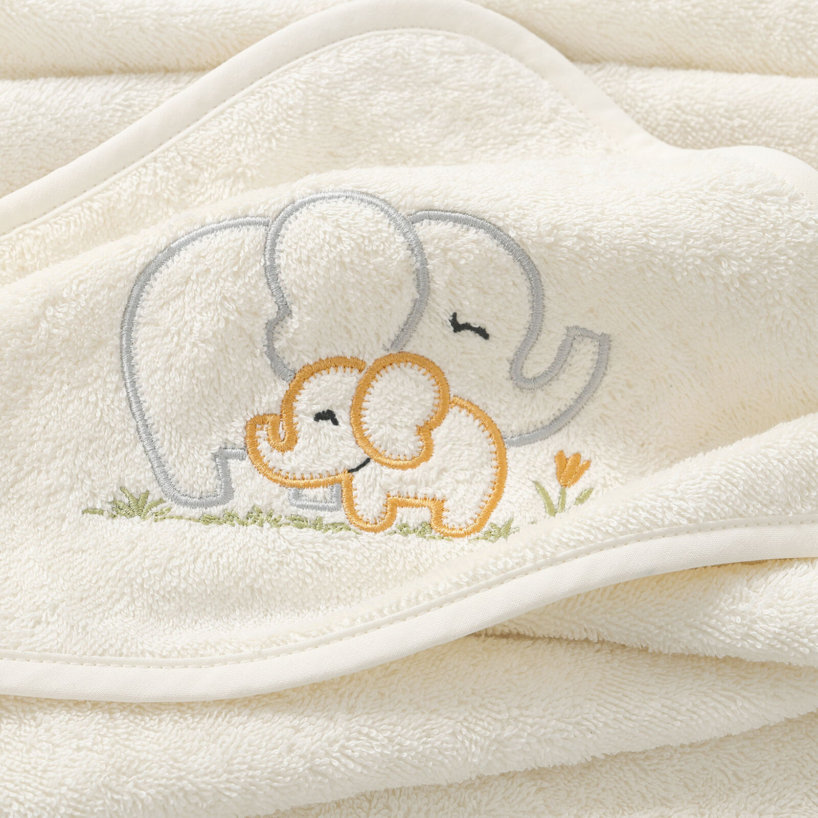 Baby badstof badhanddoek met capuchon - Olifantjes op crème