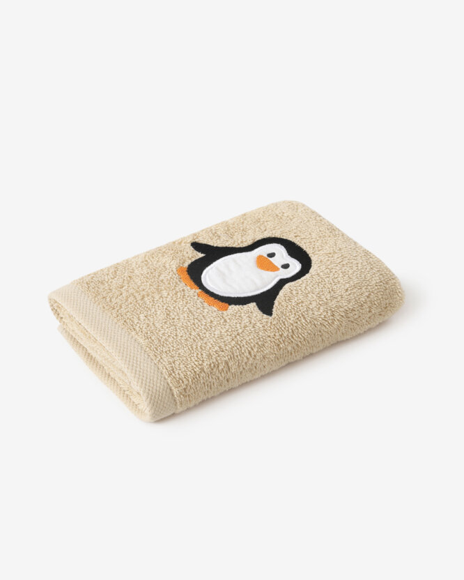 Kinder badstof handdoek - Pinguïn op beige