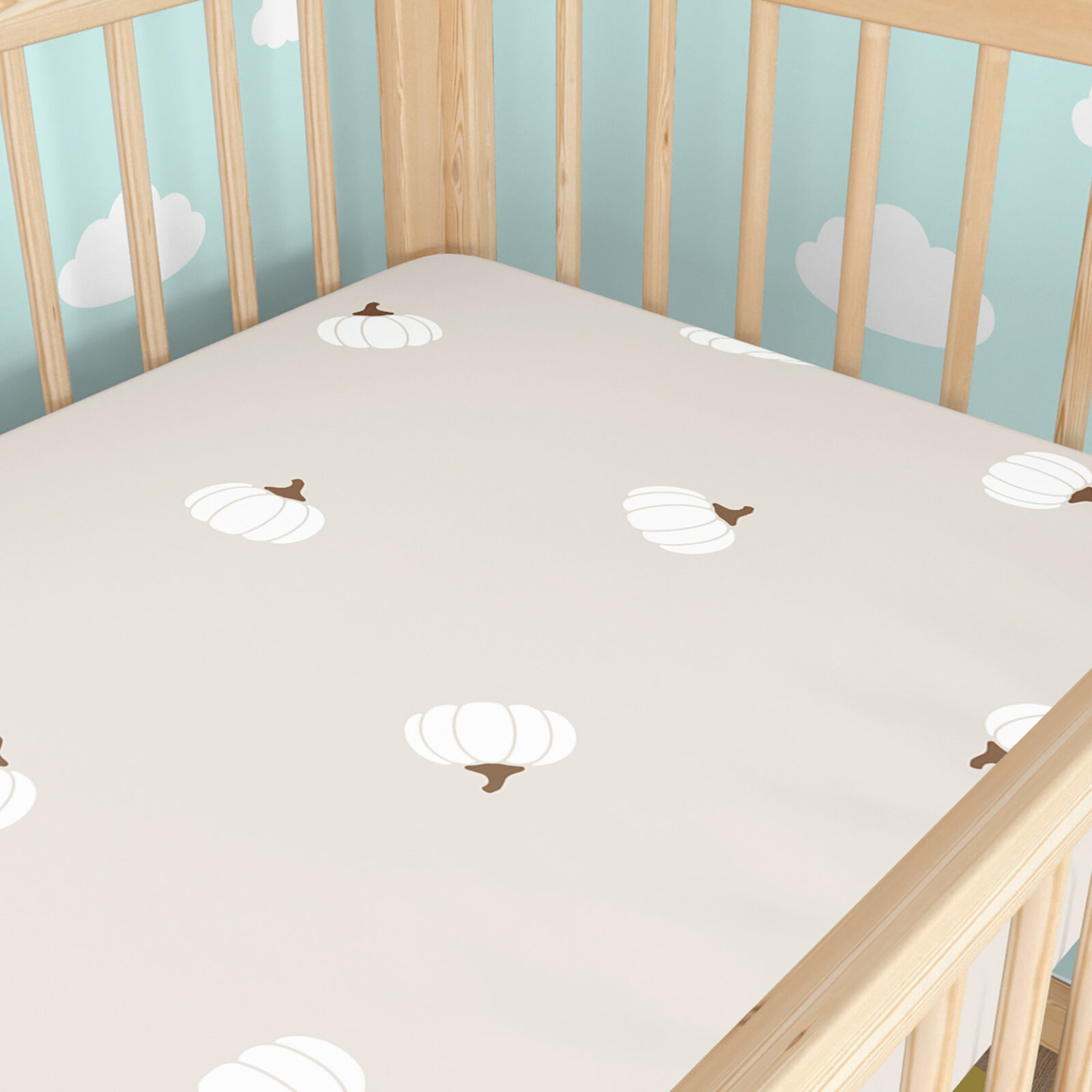 Katoenen hoeslaken voor een babybedje - Pompoenen op crème