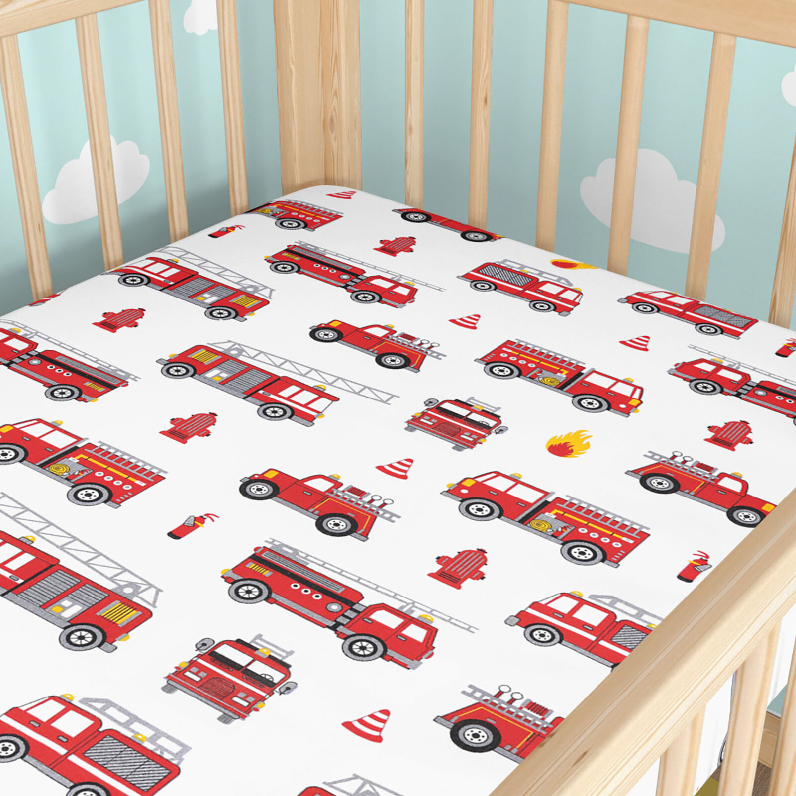 Katoenen hoeslaken voor een kinderbedje - Brandweerauto's