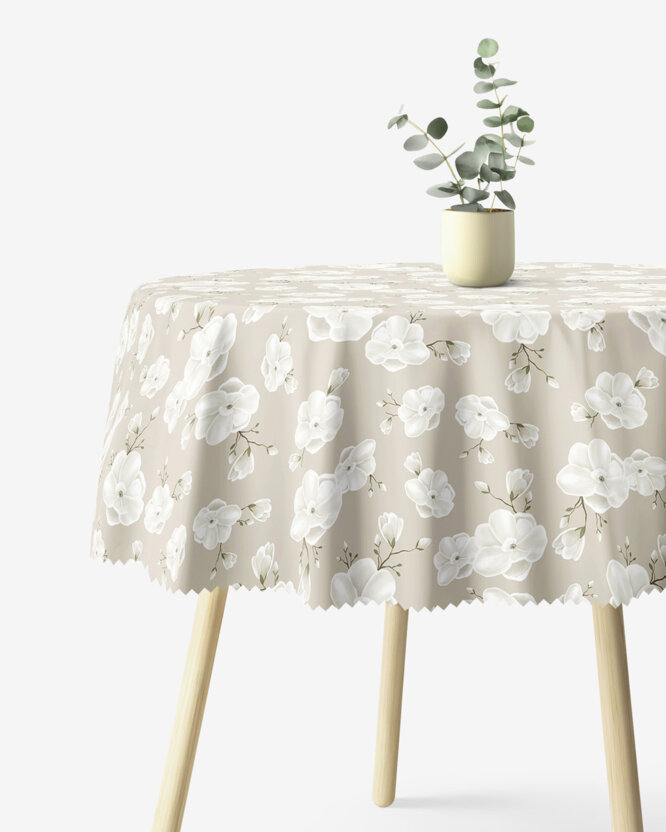 Rond teflon tafelkleed - Witte bloemen