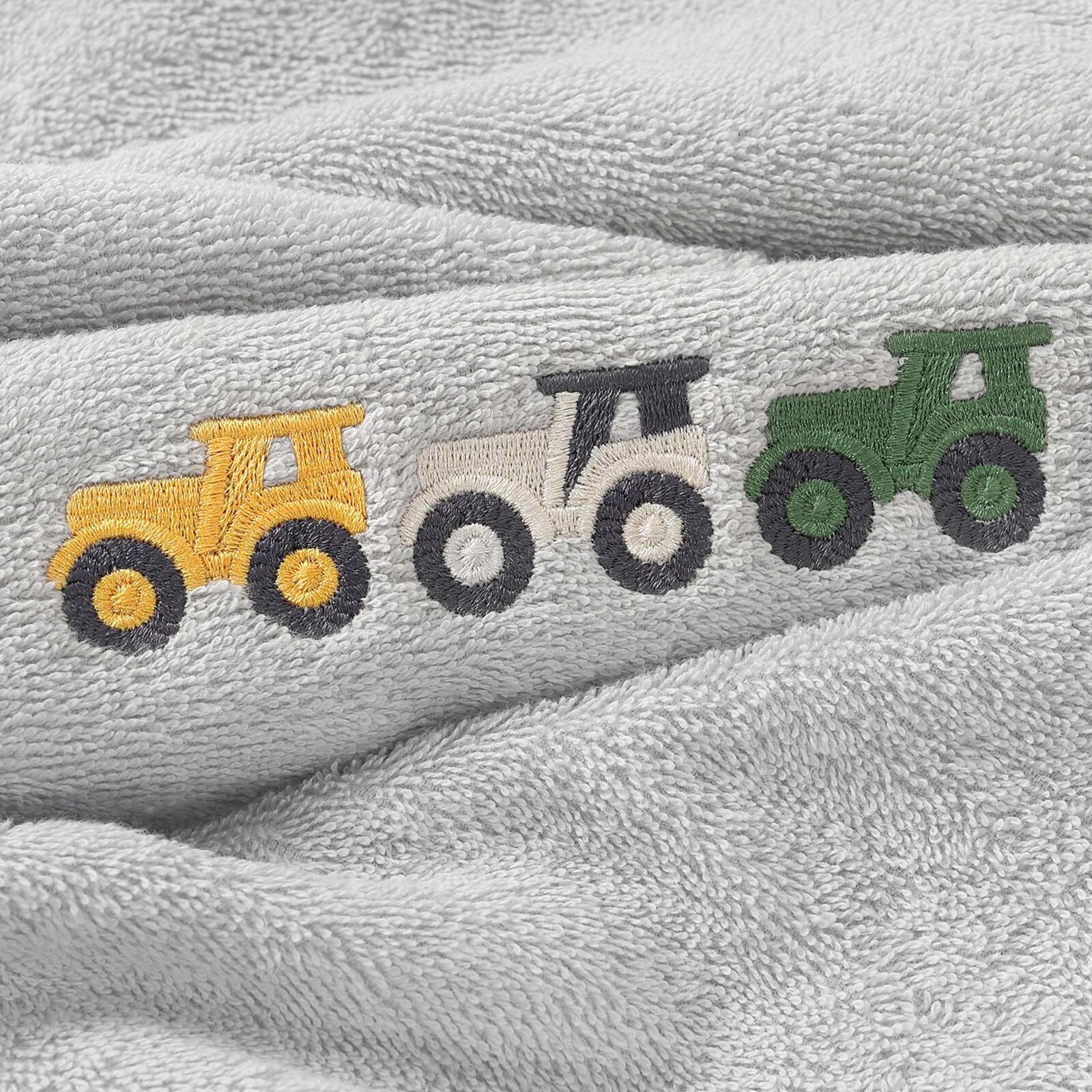 Kinder badstof handdoek - Kleurrijke tractoren op grijs