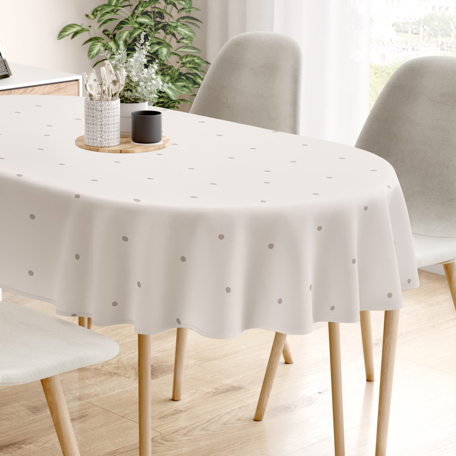 Ovaal tafelkleed 100% katoen renforcé - Stippen op beige