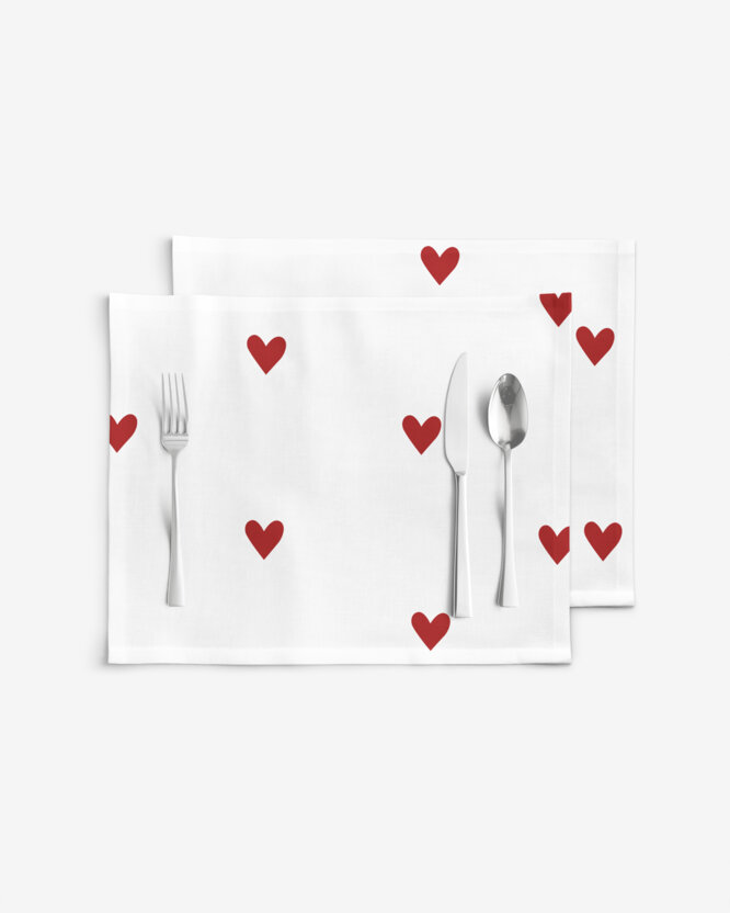 Placemat 100% katoen renforcé - Rode hartjes op wit - set van 2 stuks