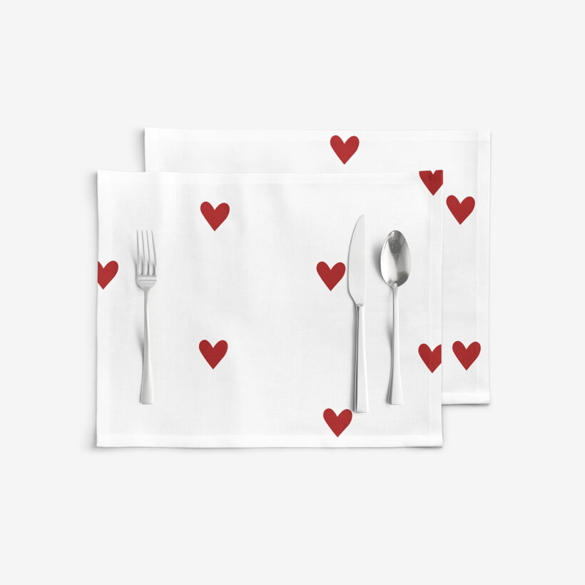 Placemat 100% katoen renforcé - Rode hartjes op wit - set van 2 stuks