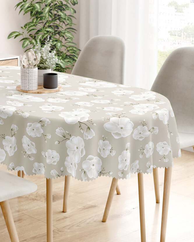 Ovaal teflon tafelkleed - Witte bloemen