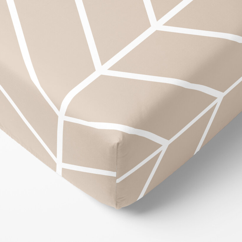 Katoenen hoeslaken - Witte zigzag op beige