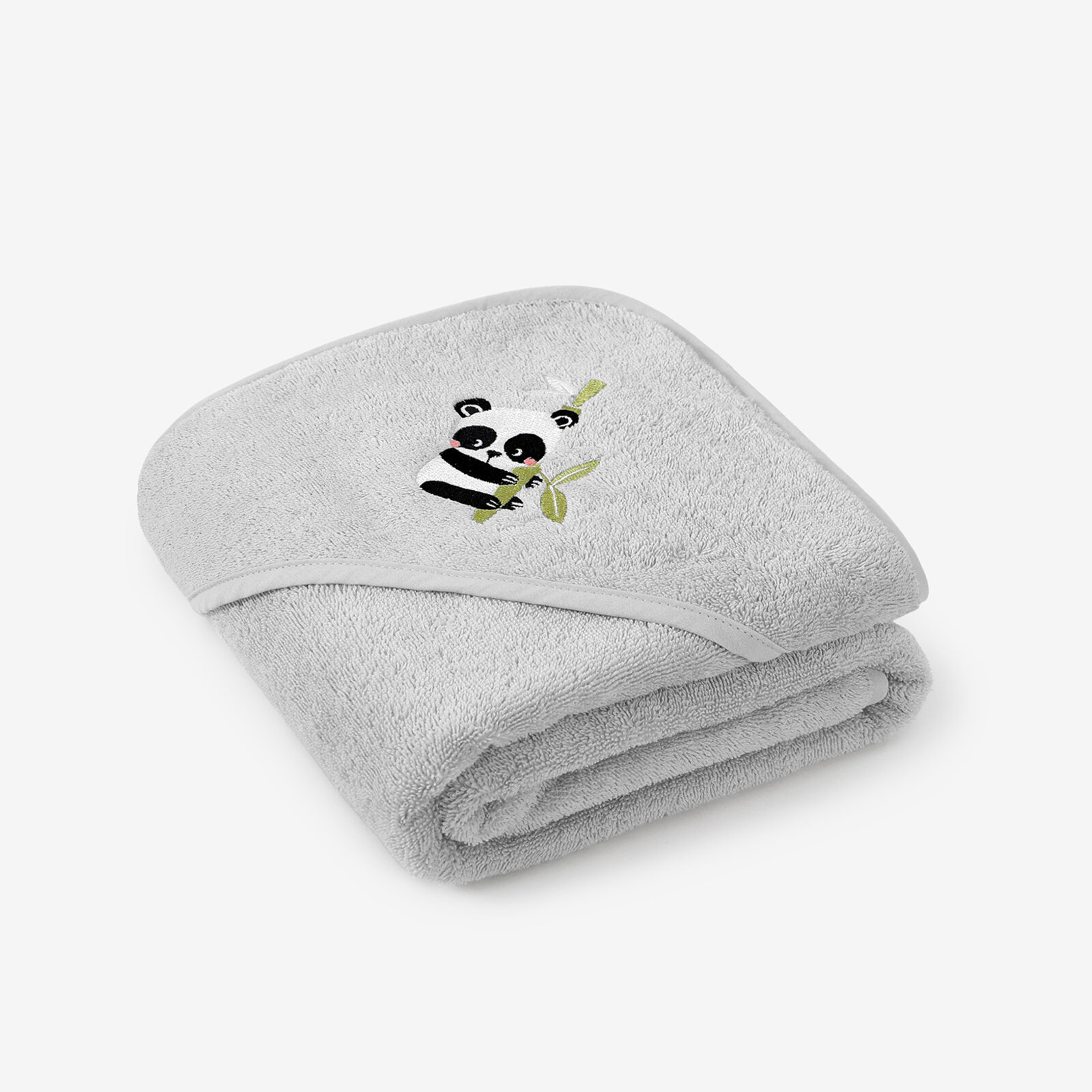 Kinder badstof badhanddoek met capuchon - Panda op lichtgrijs