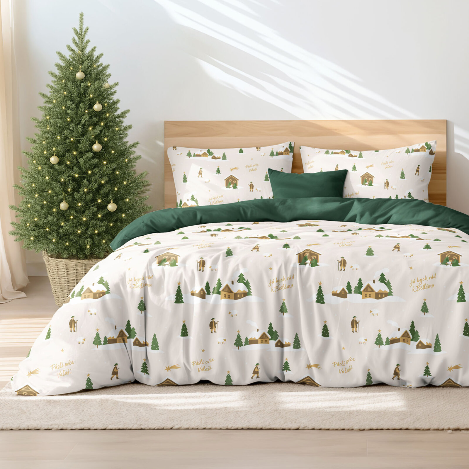 Kerst katoenen beddengoed Duo - Pásli ovce Valaši met donkergroen