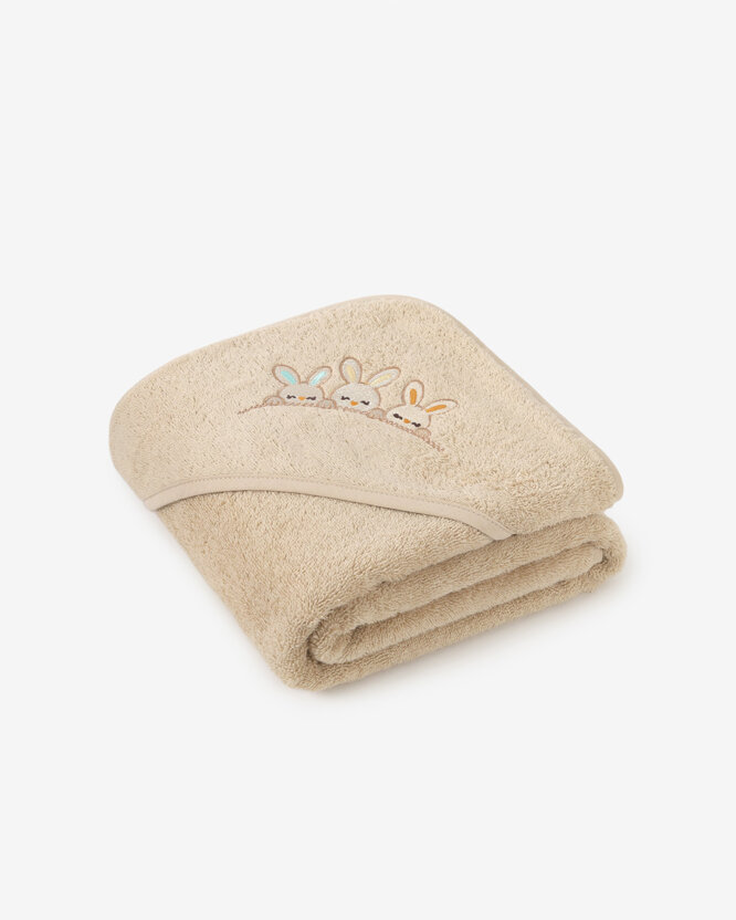 Badstof kinderbadhanddoek met capuchon - Konijntjes op beige