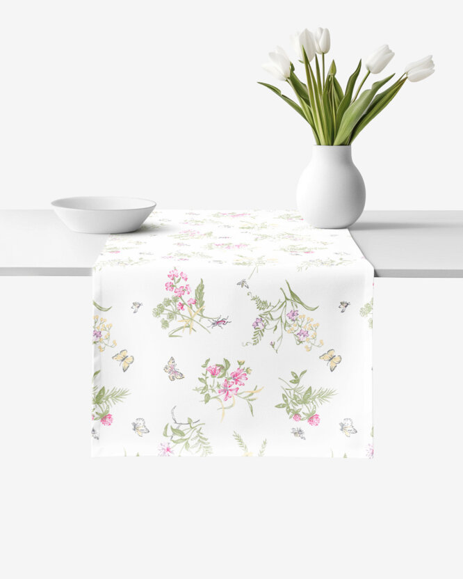 Tafelloper 100% katoen renforcé - Kleurrijke veldbloemen op wit