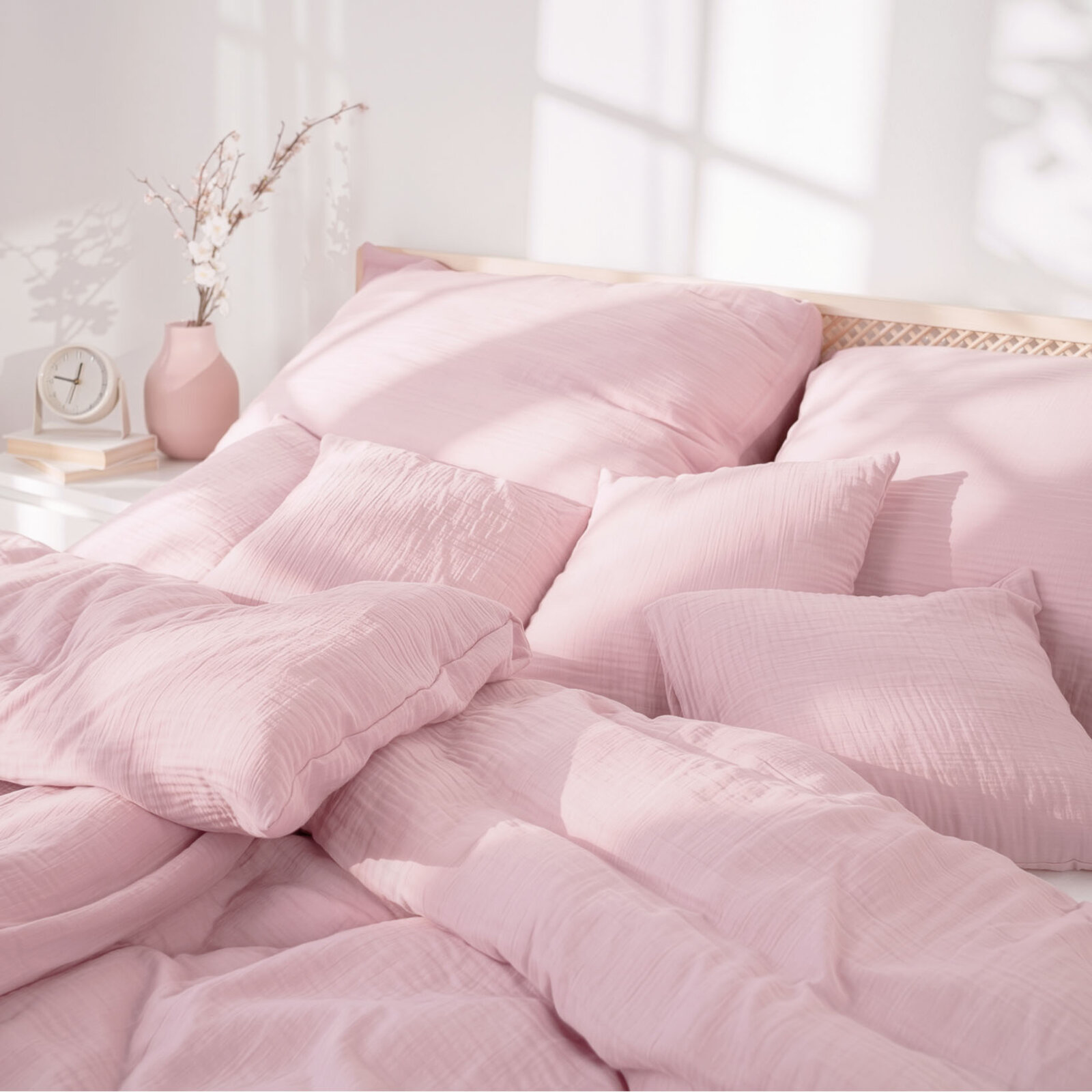 Mousseline beddengoed - pastelroze