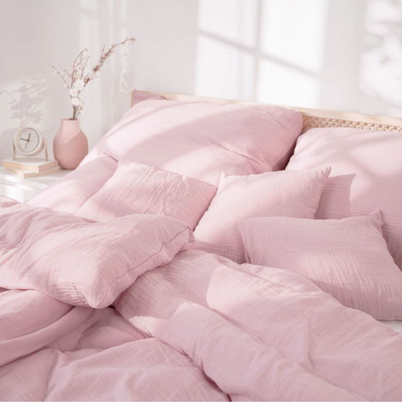 Mousseline beddengoed - pastelroze