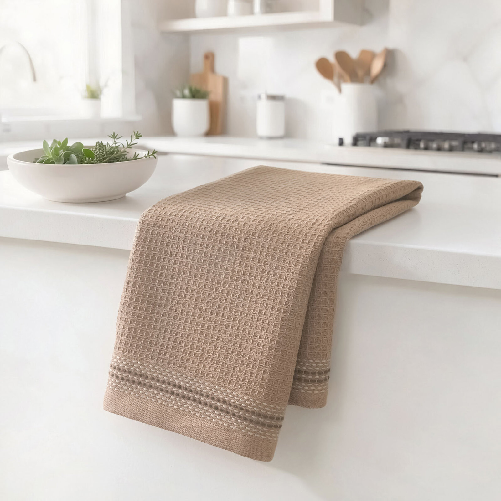 Keuken wafeltheedoek met bordure - koffie