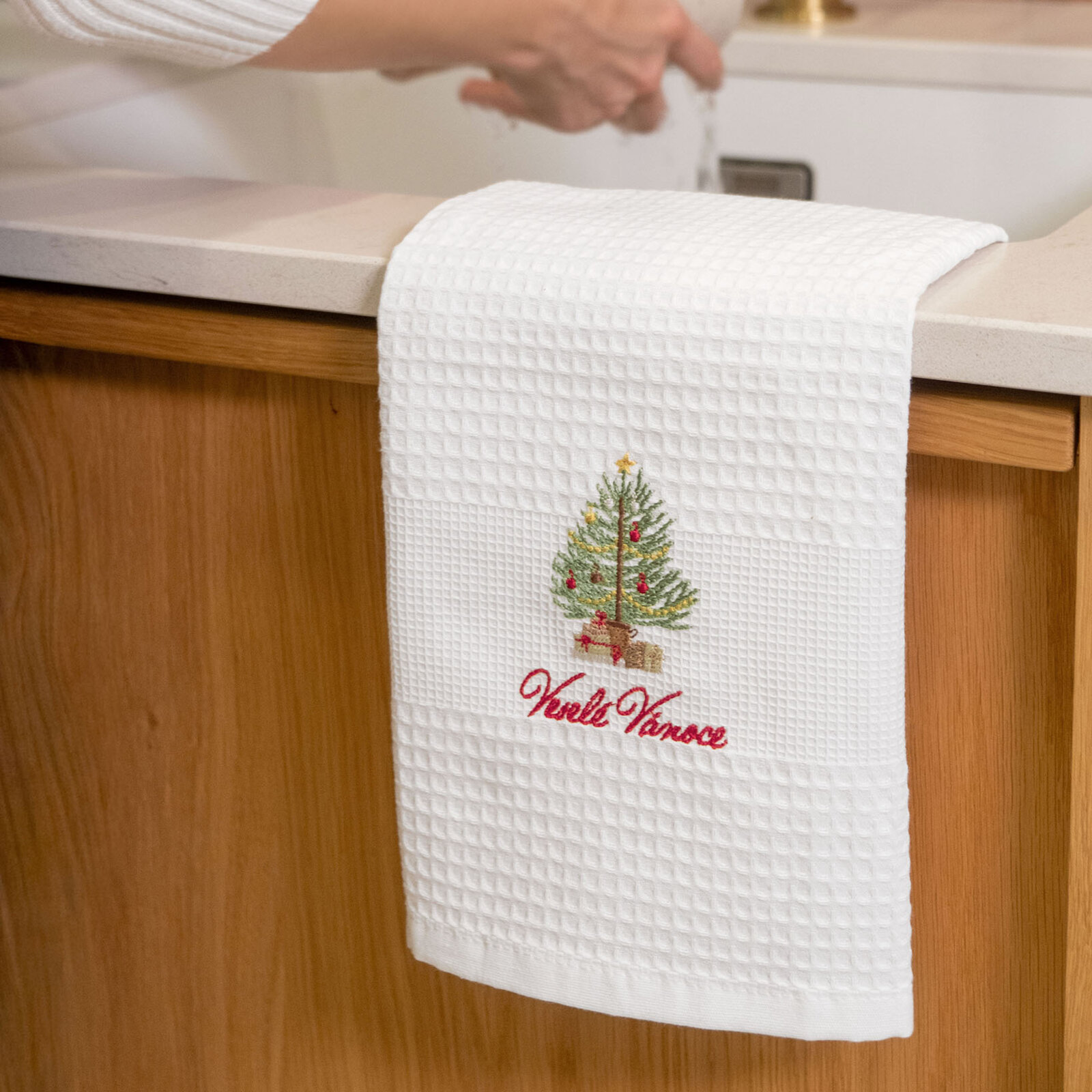 Kerst keuken wafeldoek geborduurde theedoek - Vrolijk kerstfeest op wit