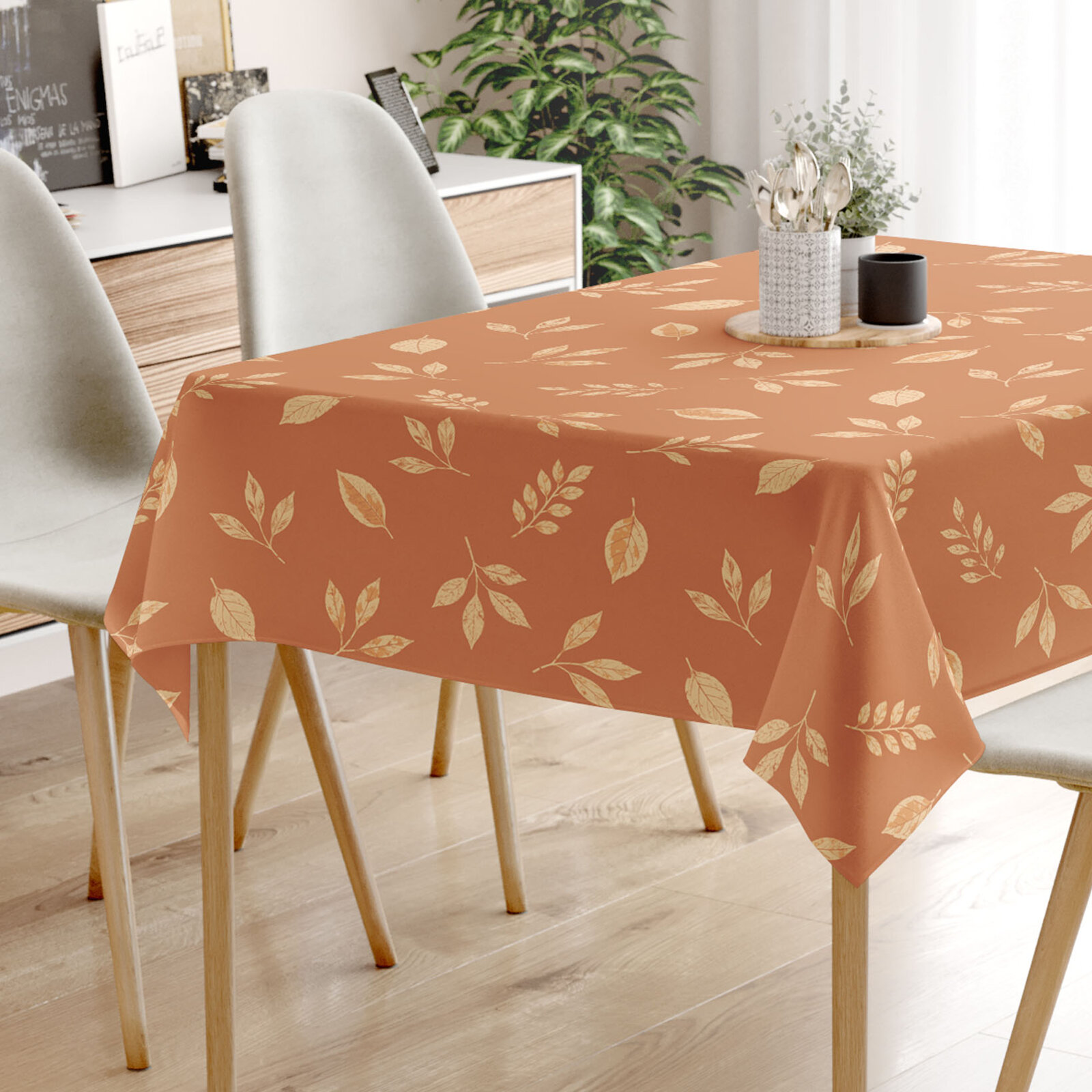 Hoekig tafelkleed 100% katoen - Oranje herfstblaadjes