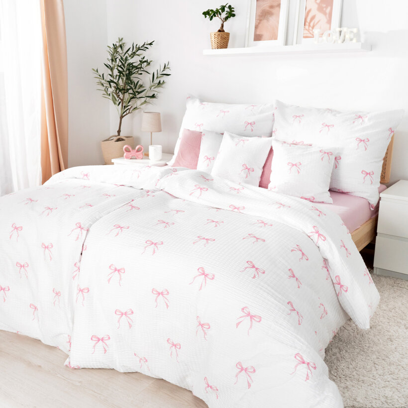 Crêpe beddengoed - Roze strikjes