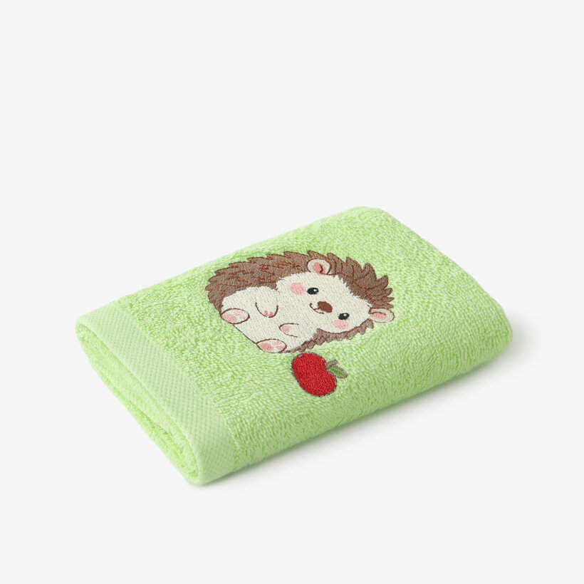 Kinder badstof handdoek - Egel met appeltje op groen