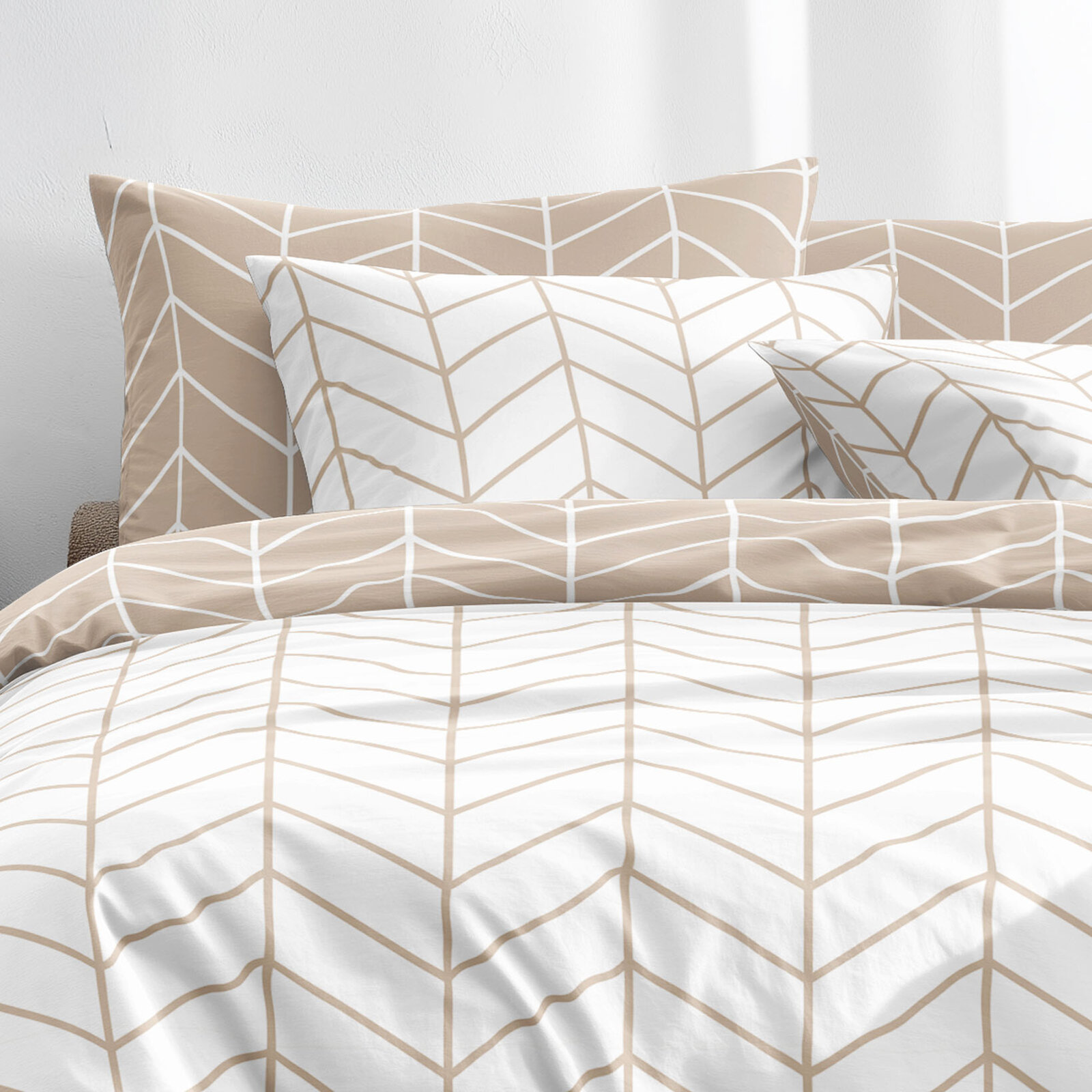 Katoenen beddengoed - Wit en beige zigzag