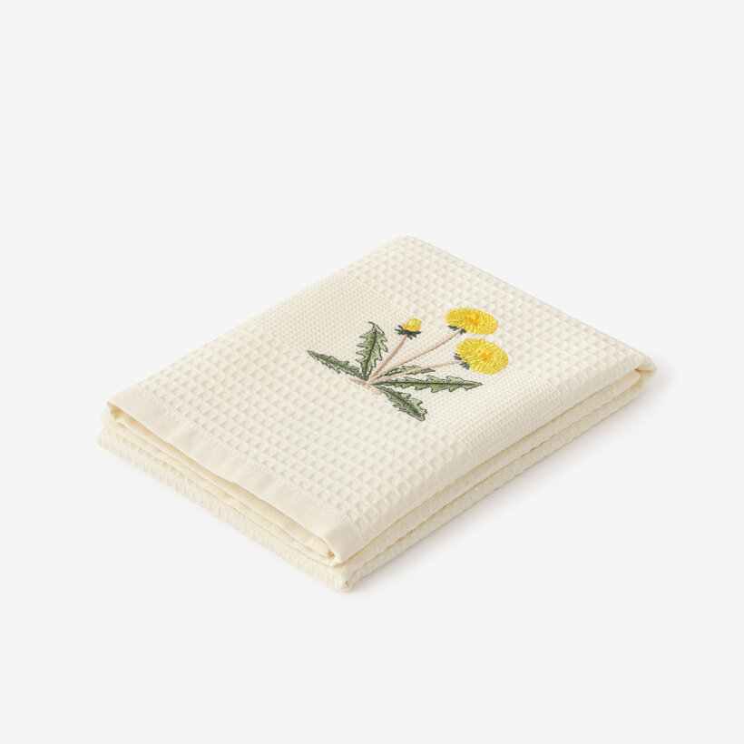 Keuken geborduurde theedoek wafeldoek - Paardenbloemen op crème
