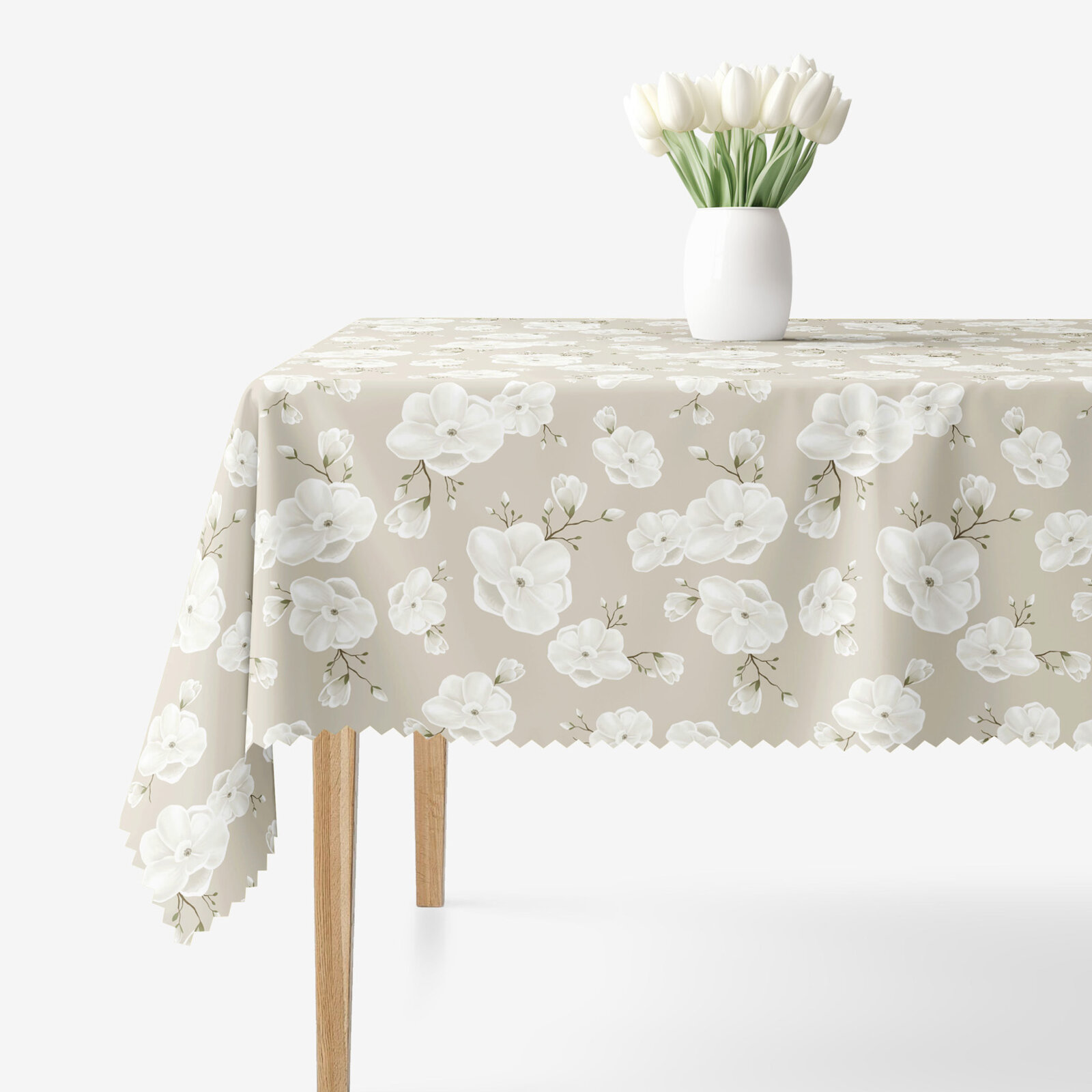 Hoekig teflon tafelkleed - Witte bloemen